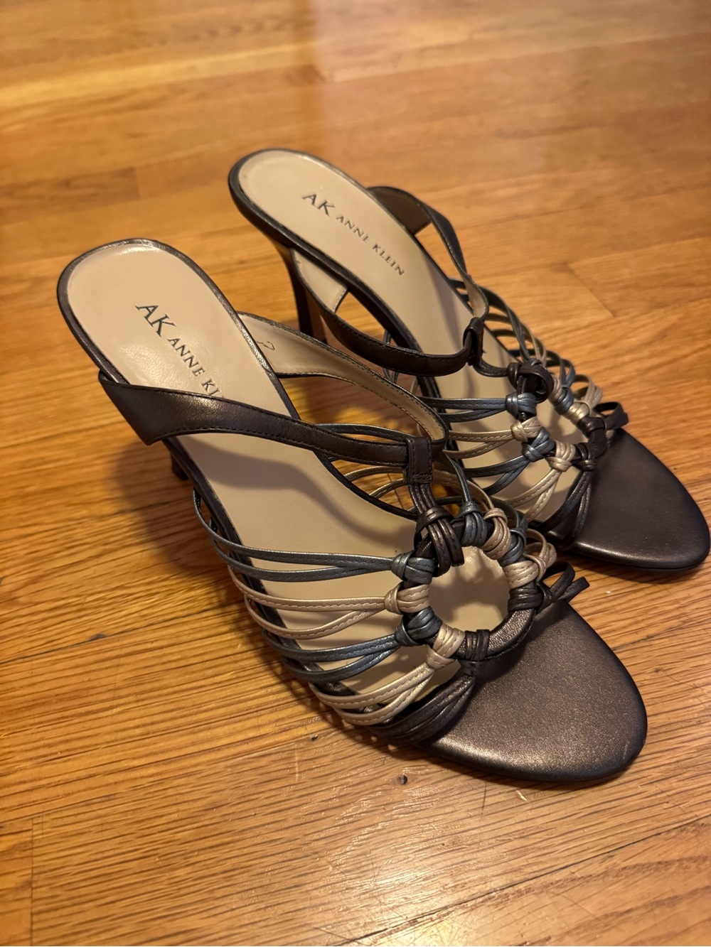 Anne Klein Black and Cream Braided Ring-Accent Heeled Sandals